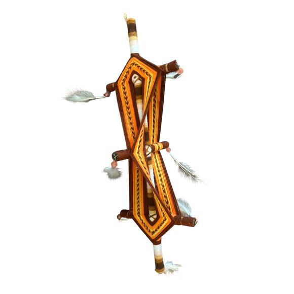 Handmade Crochet God's Eye Hanging Folk Art Wood Yarn Feathers Spiritual - Picture 1 of 4